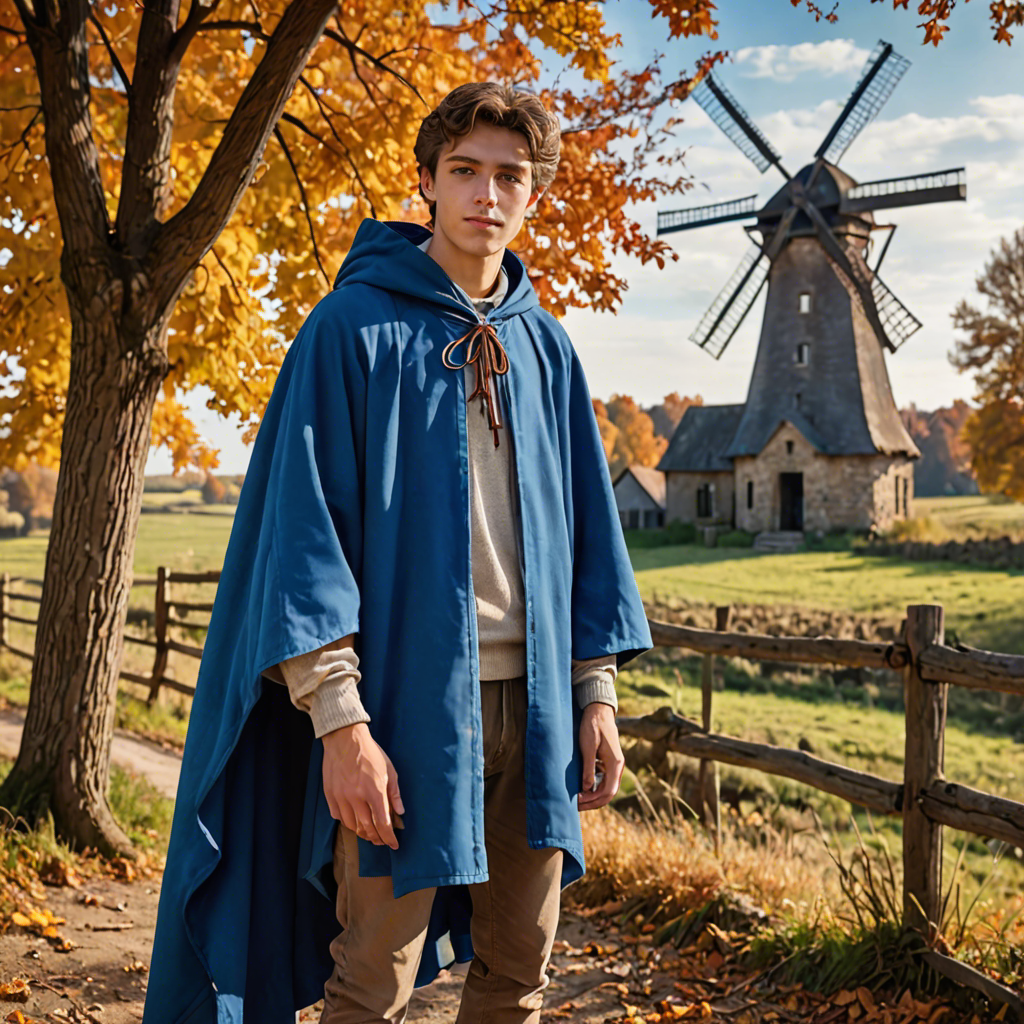 a young scholar in a flowing blue cape, standing in an old windmill in the countryside, vibrant autumn colors, detailed — image 12