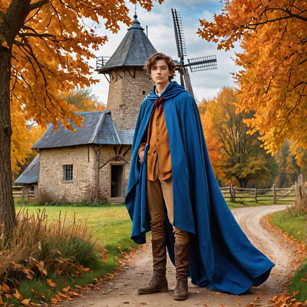 a young scholar in a flowing blue cape, standing in an old windmill in the countryside, vibrant autumn colors, detailed — image 13