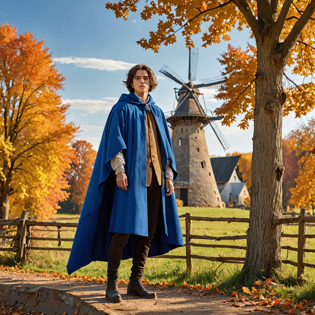 a young scholar in a flowing blue cape, standing in an old windmill in the countryside, vibrant autumn colors, detailed — image 14