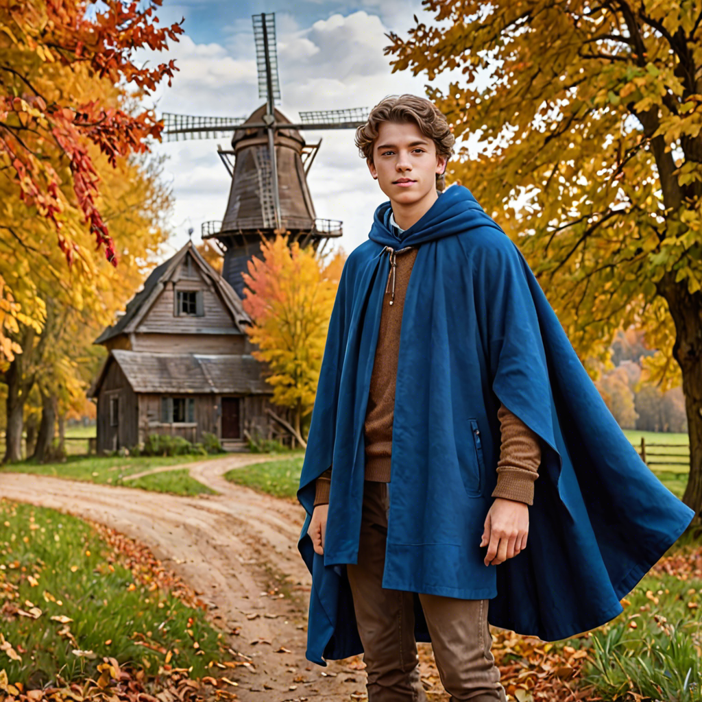 a young scholar in a flowing blue cape, standing in an old windmill in the countryside, vibrant autumn colors, detailed — image 15