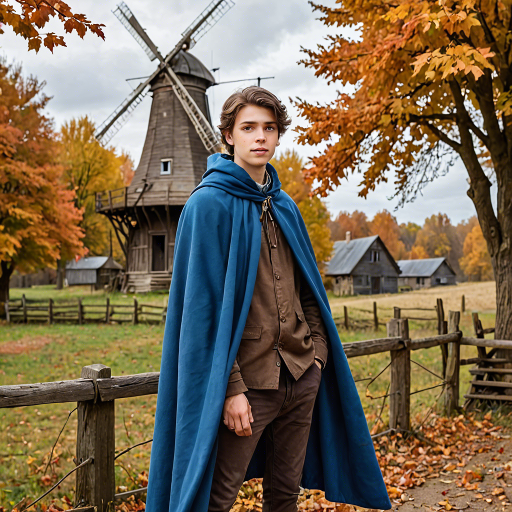a young scholar in a flowing blue cape, standing in an old windmill in the countryside, vibrant autumn colors, detailed — image 16