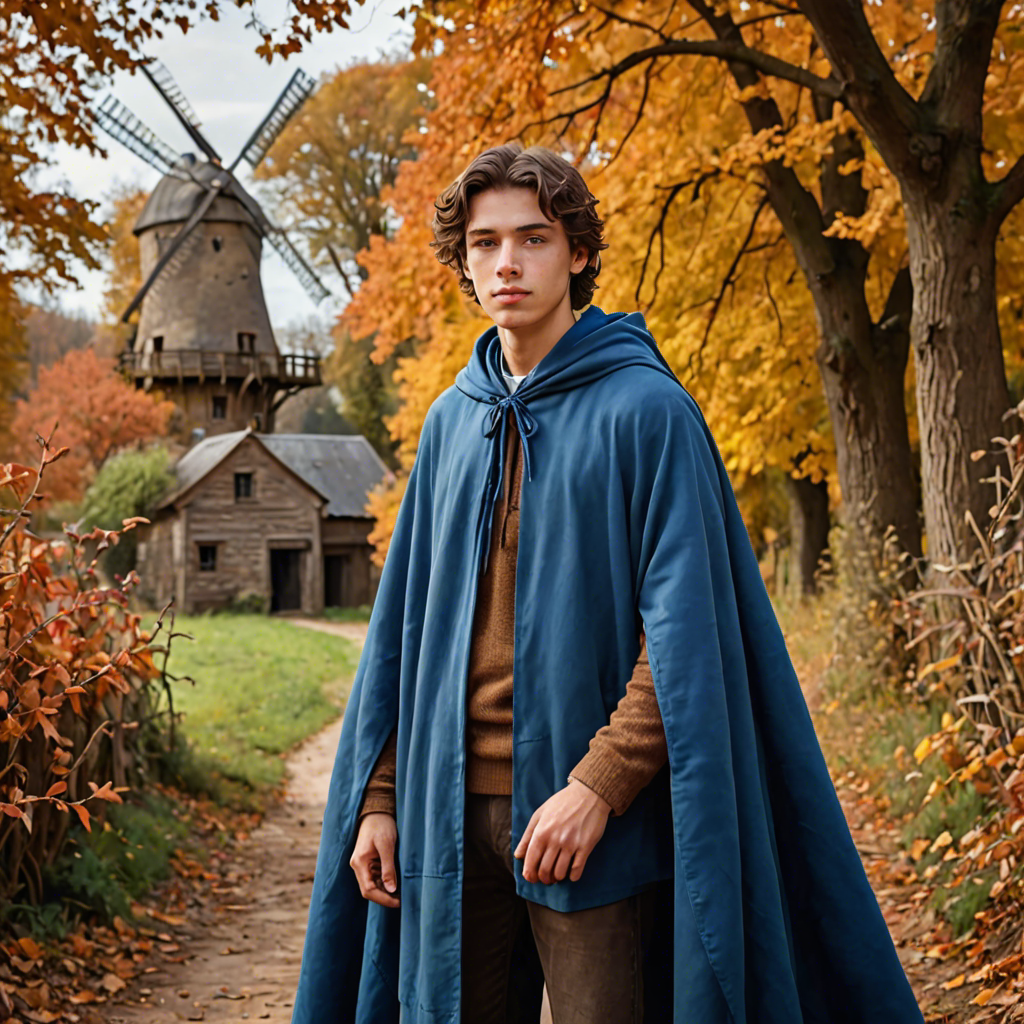 a young scholar in a flowing blue cape, standing in an old windmill in the countryside, vibrant autumn colors, detailed — image 17