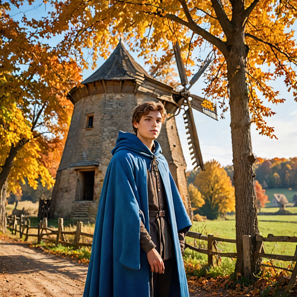 a young scholar in a flowing blue cape, standing in an old windmill in the countryside, vibrant autumn colors, detailed — image 18