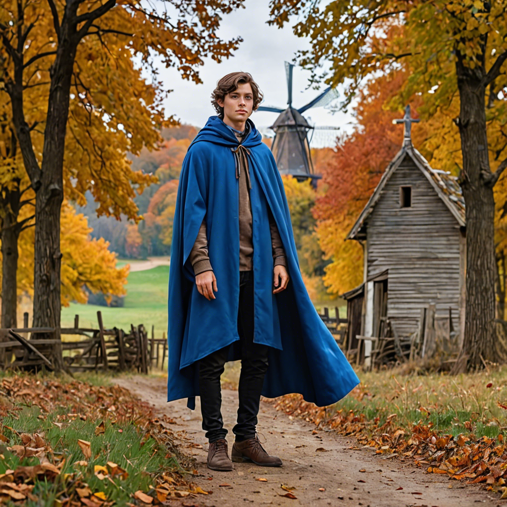 a young scholar in a flowing blue cape, standing in an old windmill in the countryside, vibrant autumn colors, detailed — image 19