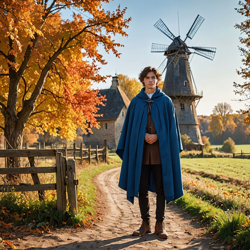 a young scholar in a flowing blue cape, standing in an old windmill in the countryside, vibrant autumn colors, detailed — image 20