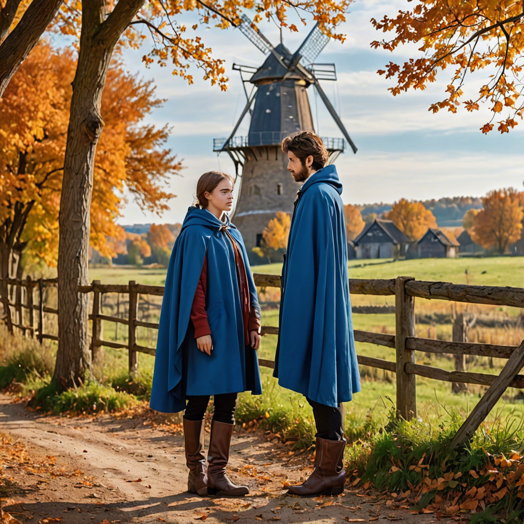 a young scholar in a flowing blue cape, standing in an old windmill in the countryside, vibrant autumn colors, detailed — image 21