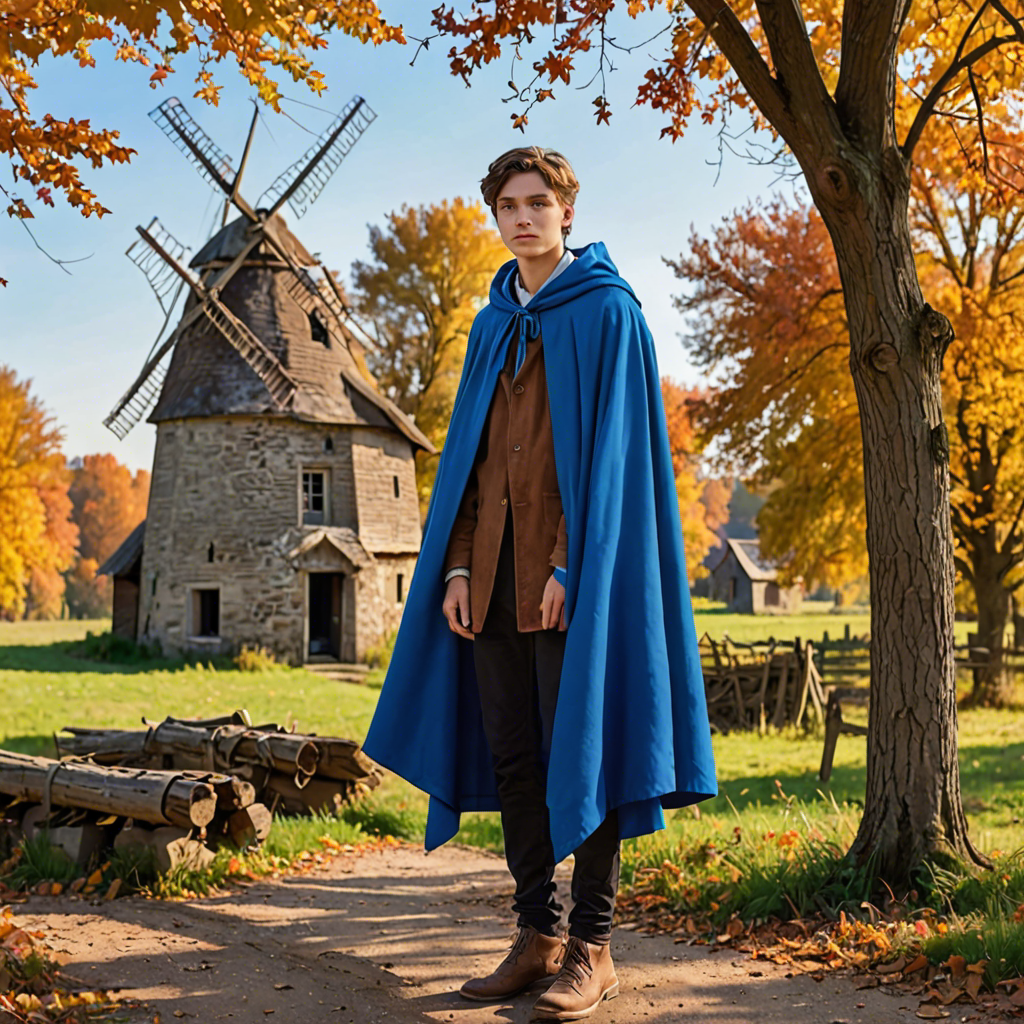 a young scholar in a flowing blue cape, standing in an old windmill in the countryside, vibrant autumn colors, detailed — image 22