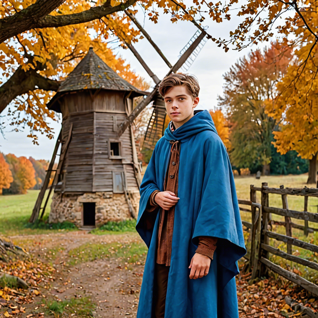 a young scholar in a flowing blue cape, standing in an old windmill in the countryside, vibrant autumn colors, detailed — image 23