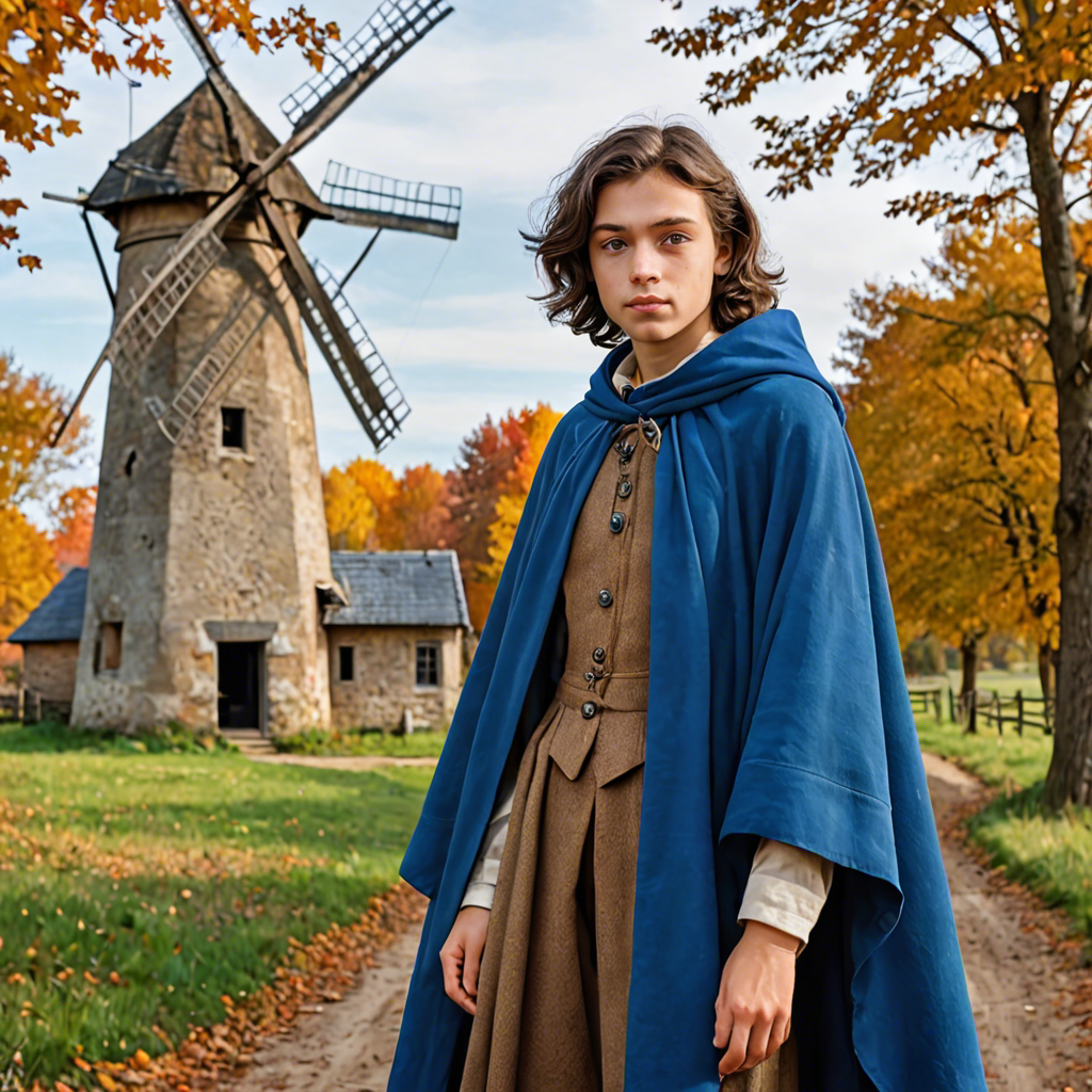 a young scholar in a flowing blue cape, standing in an old windmill in the countryside, vibrant autumn colors, detailed — image 24