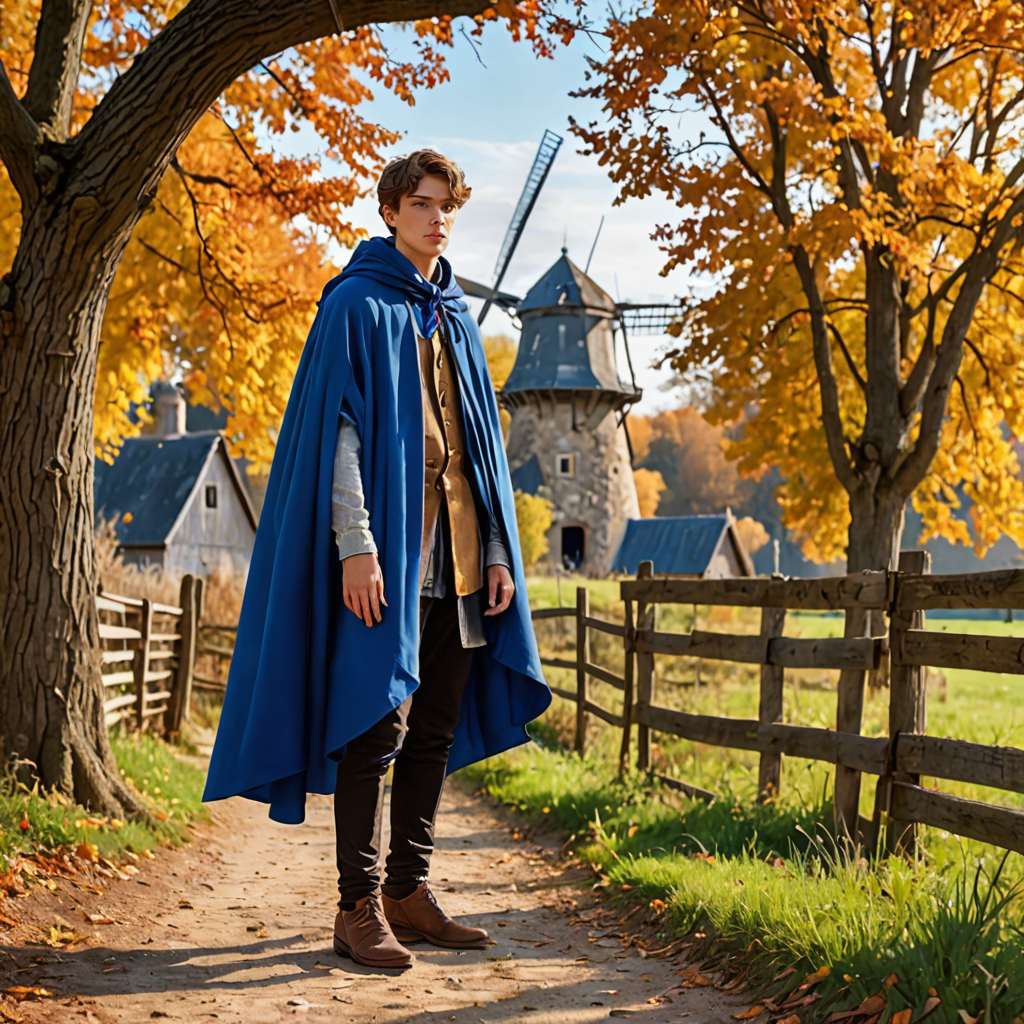 a young scholar in a flowing blue cape, standing in an old windmill in the countryside, vibrant autumn colors, detailed — image 25