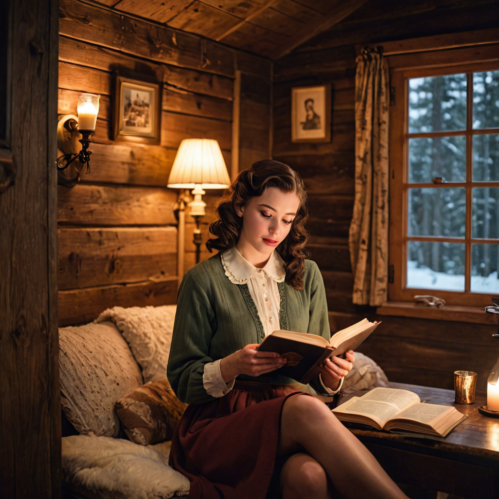 a young woman in a vintage 1950s outfit, reading a book in a cozy candlelit cabin, delicate soft light, detailed — image 1