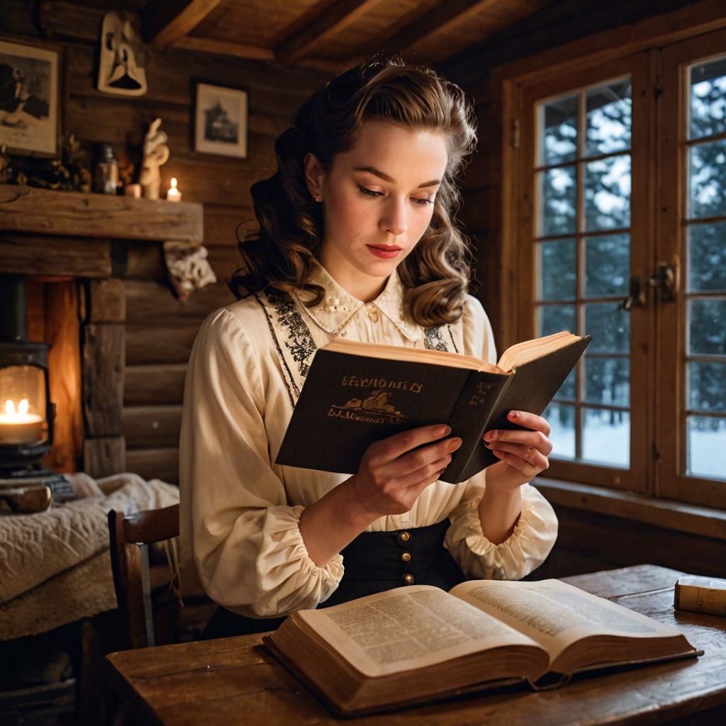 a young woman in a vintage 1950s outfit, reading a book in a cozy candlelit cabin, delicate soft light, detailed — image 2