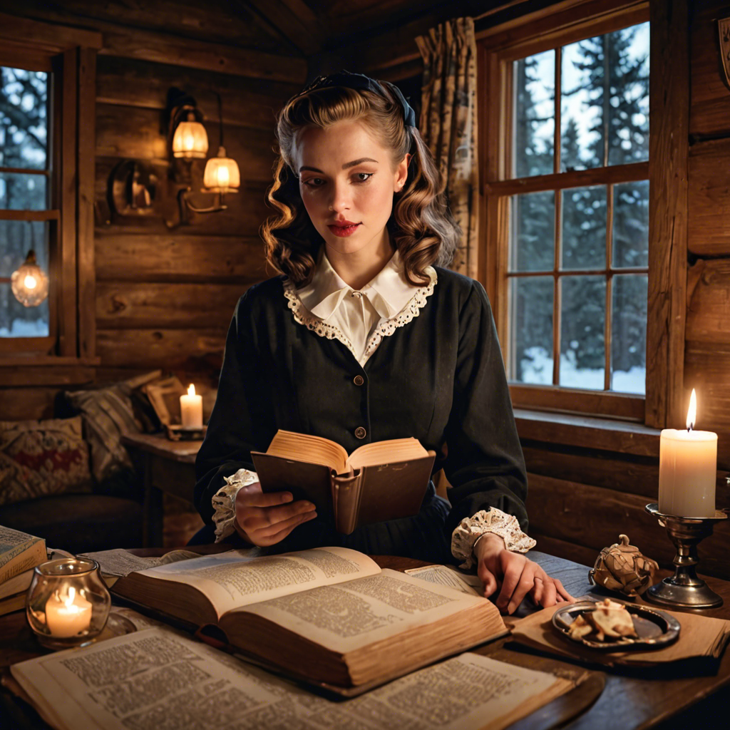 a young woman in a vintage 1950s outfit, reading a book in a cozy candlelit cabin, delicate soft light, detailed — image 3