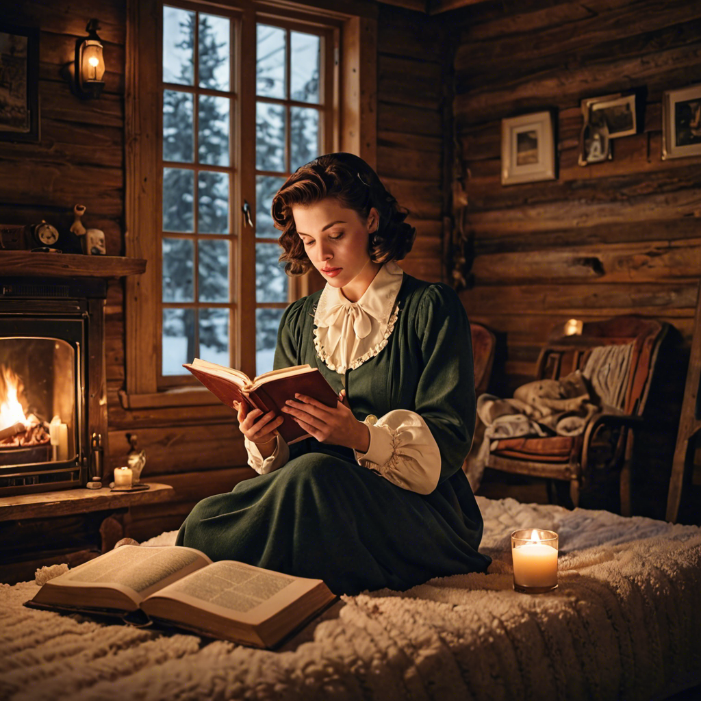 a young woman in a vintage 1950s outfit, reading a book in a cozy candlelit cabin, delicate soft light, detailed — image 4