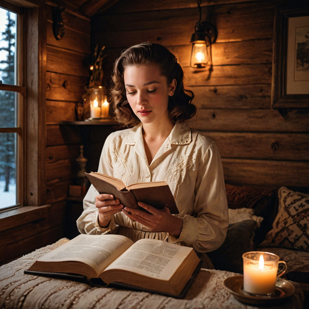 a young woman in a vintage 1950s outfit, reading a book in a cozy candlelit cabin, delicate soft light, detailed — image 6