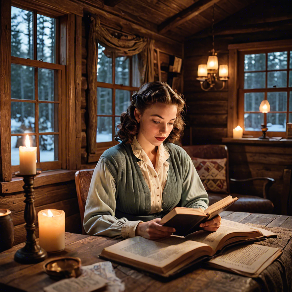 a young woman in a vintage 1950s outfit, reading a book in a cozy candlelit cabin, delicate soft light, detailed — image 7