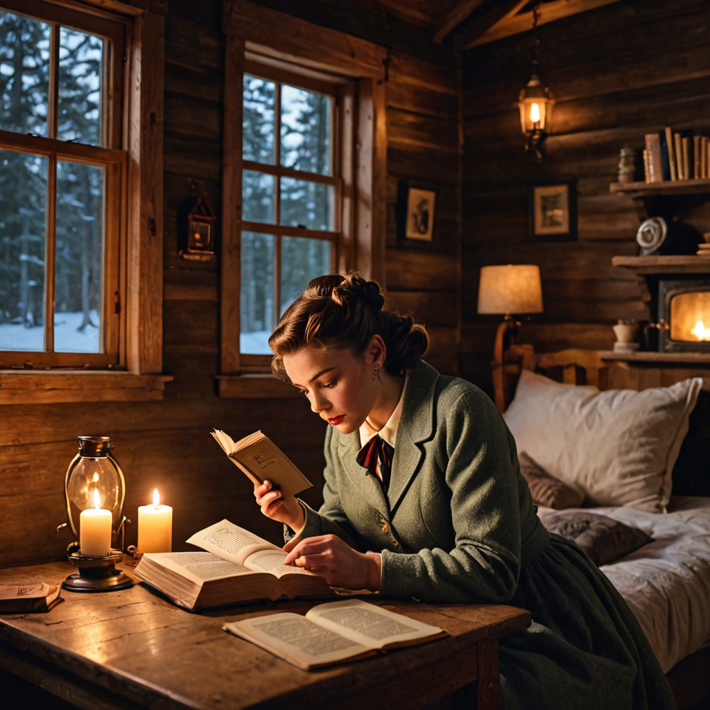 a young woman in a vintage 1950s outfit, reading a book in a cozy candlelit cabin, delicate soft light, detailed — image 8