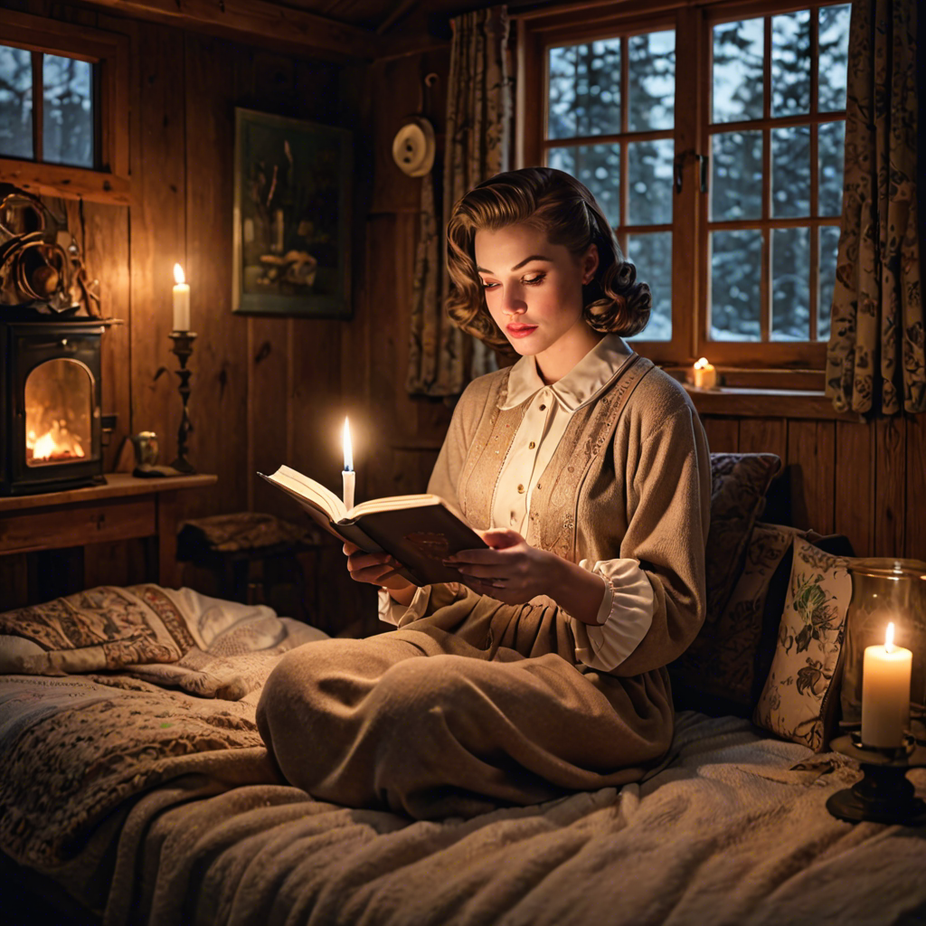 a young woman in a vintage 1950s outfit, reading a book in a cozy candlelit cabin, delicate soft light, detailed — image 9