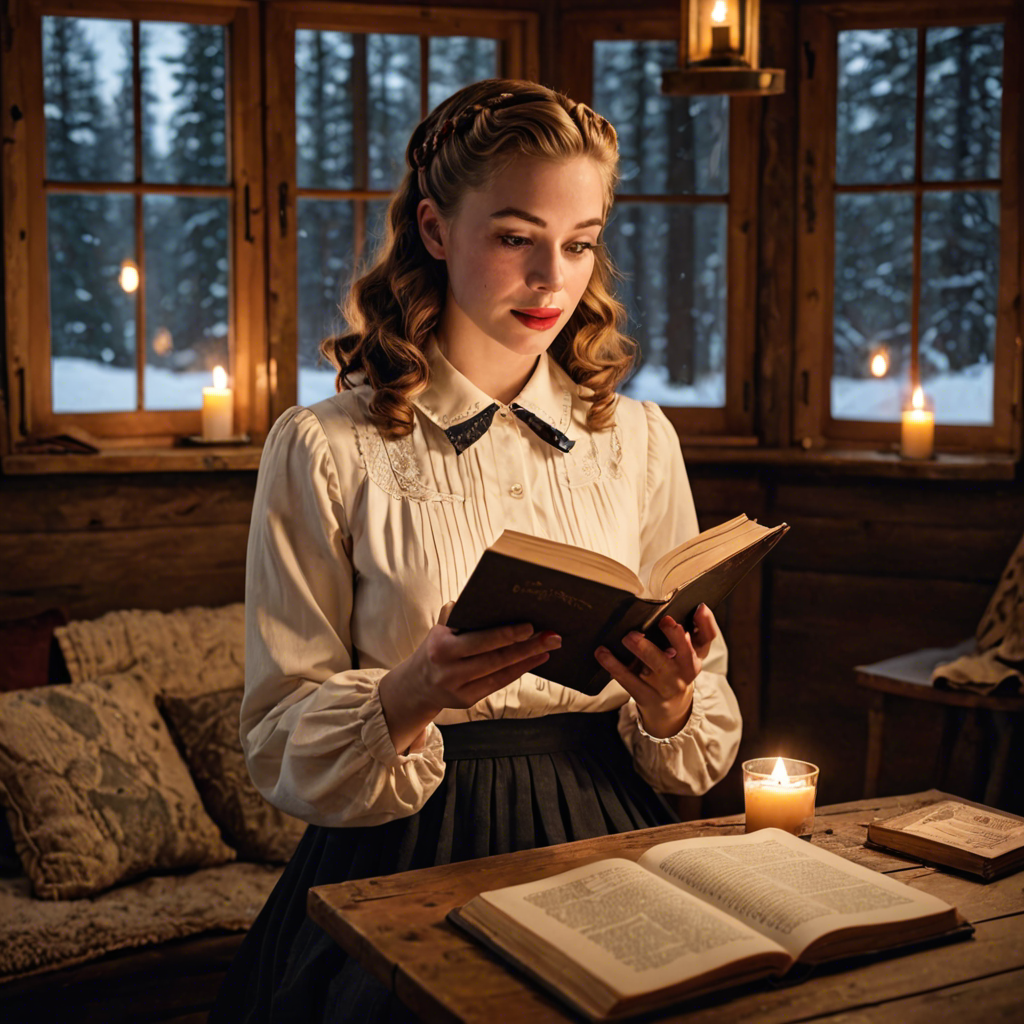 a young woman in a vintage 1950s outfit, reading a book in a cozy candlelit cabin, delicate soft light, detailed — image 10