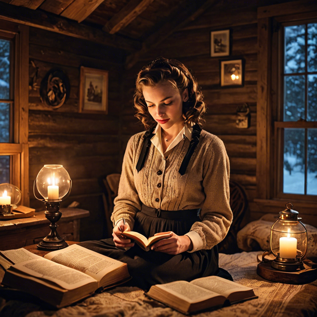 a young woman in a vintage 1950s outfit, reading a book in a cozy candlelit cabin, delicate soft light, detailed — image 11