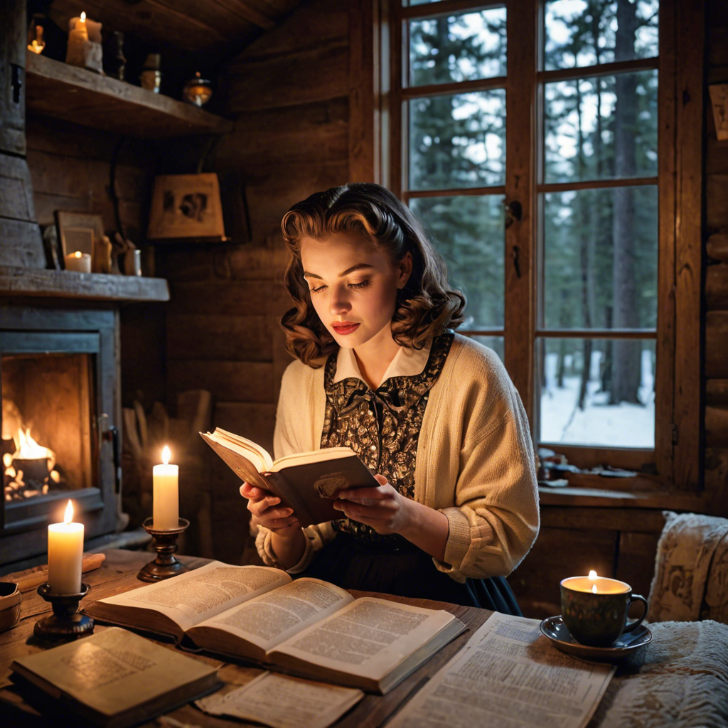 a young woman in a vintage 1950s outfit, reading a book in a cozy candlelit cabin, delicate soft light, detailed — image 12