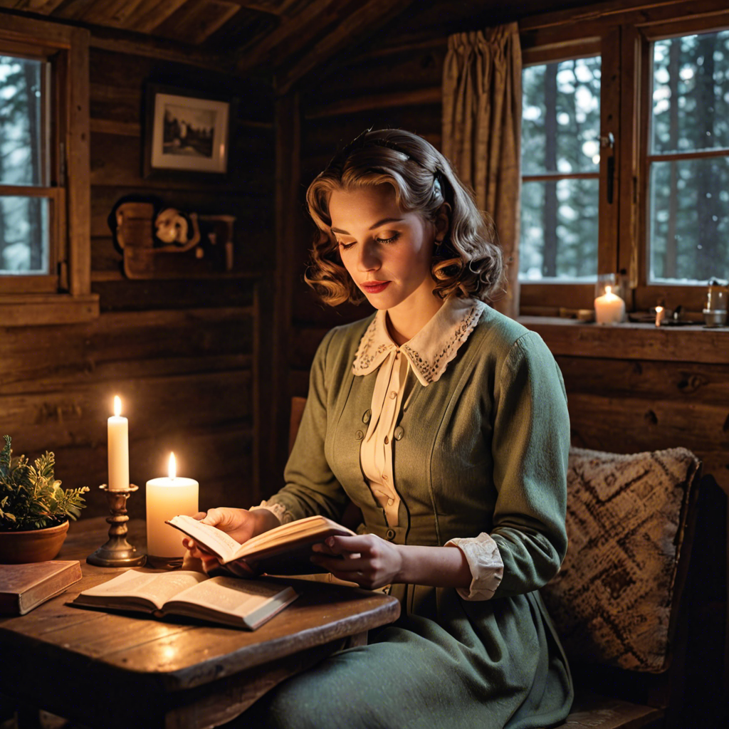 a young woman in a vintage 1950s outfit, reading a book in a cozy candlelit cabin, delicate soft light, detailed — image 13