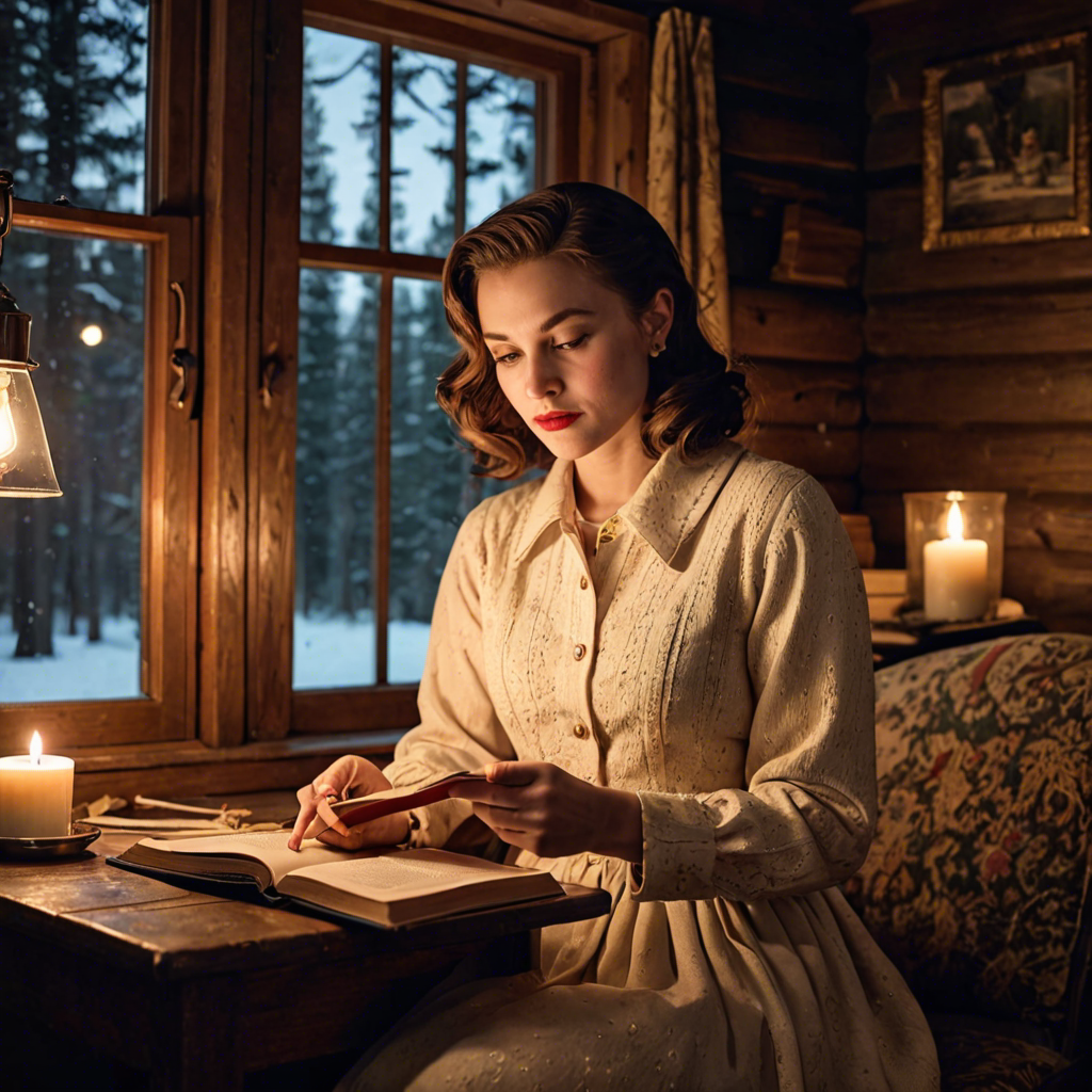 a young woman in a vintage 1950s outfit, reading a book in a cozy candlelit cabin, delicate soft light, detailed — image 15