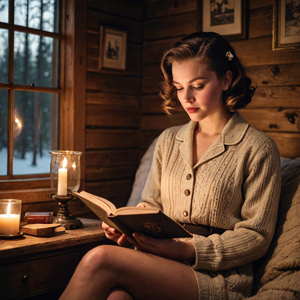 a young woman in a vintage 1950s outfit, reading a book in a cozy candlelit cabin, delicate soft light, detailed — image 16