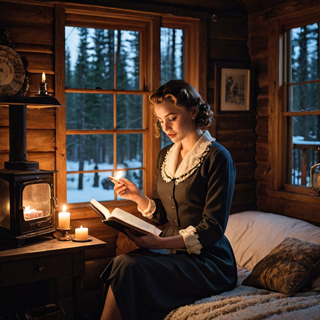 a young woman in a vintage 1950s outfit, reading a book in a cozy candlelit cabin, delicate soft light, detailed — image 17