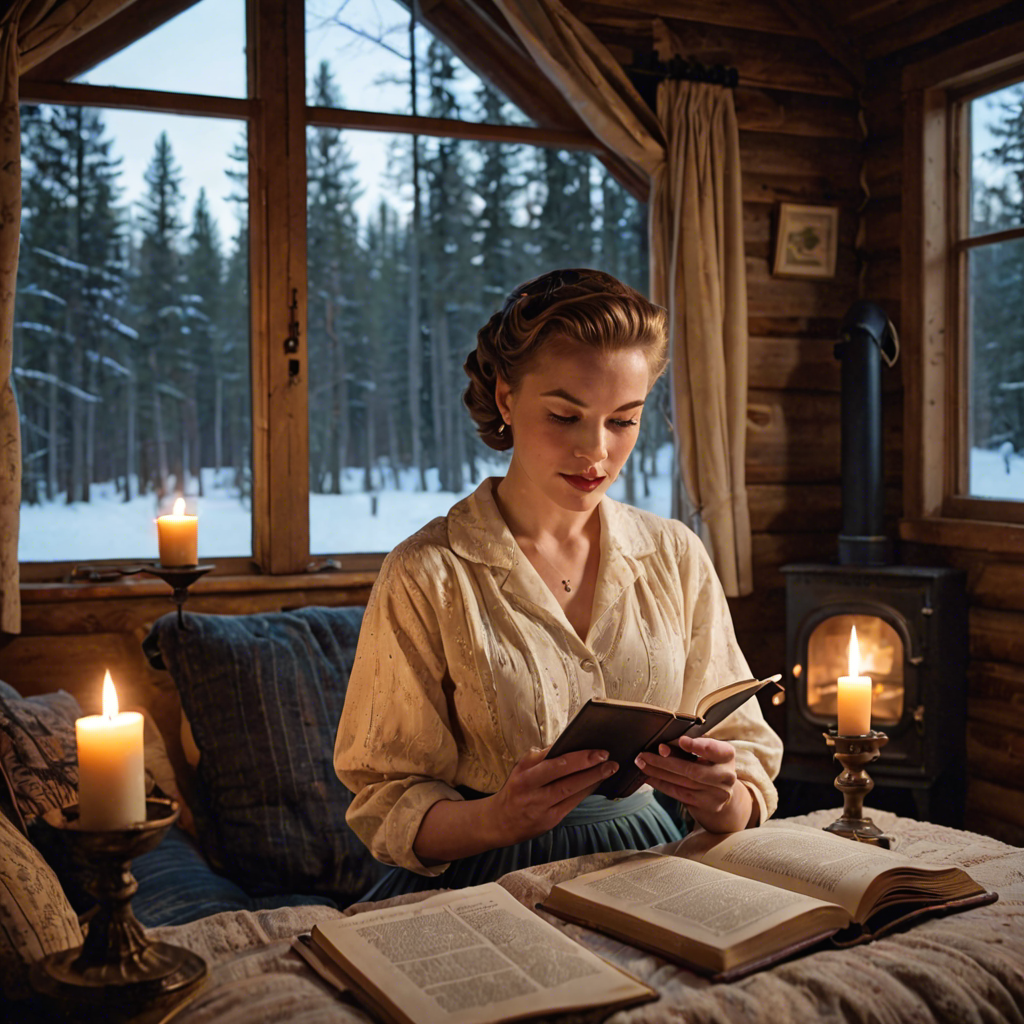 a young woman in a vintage 1950s outfit, reading a book in a cozy candlelit cabin, delicate soft light, detailed — image 19