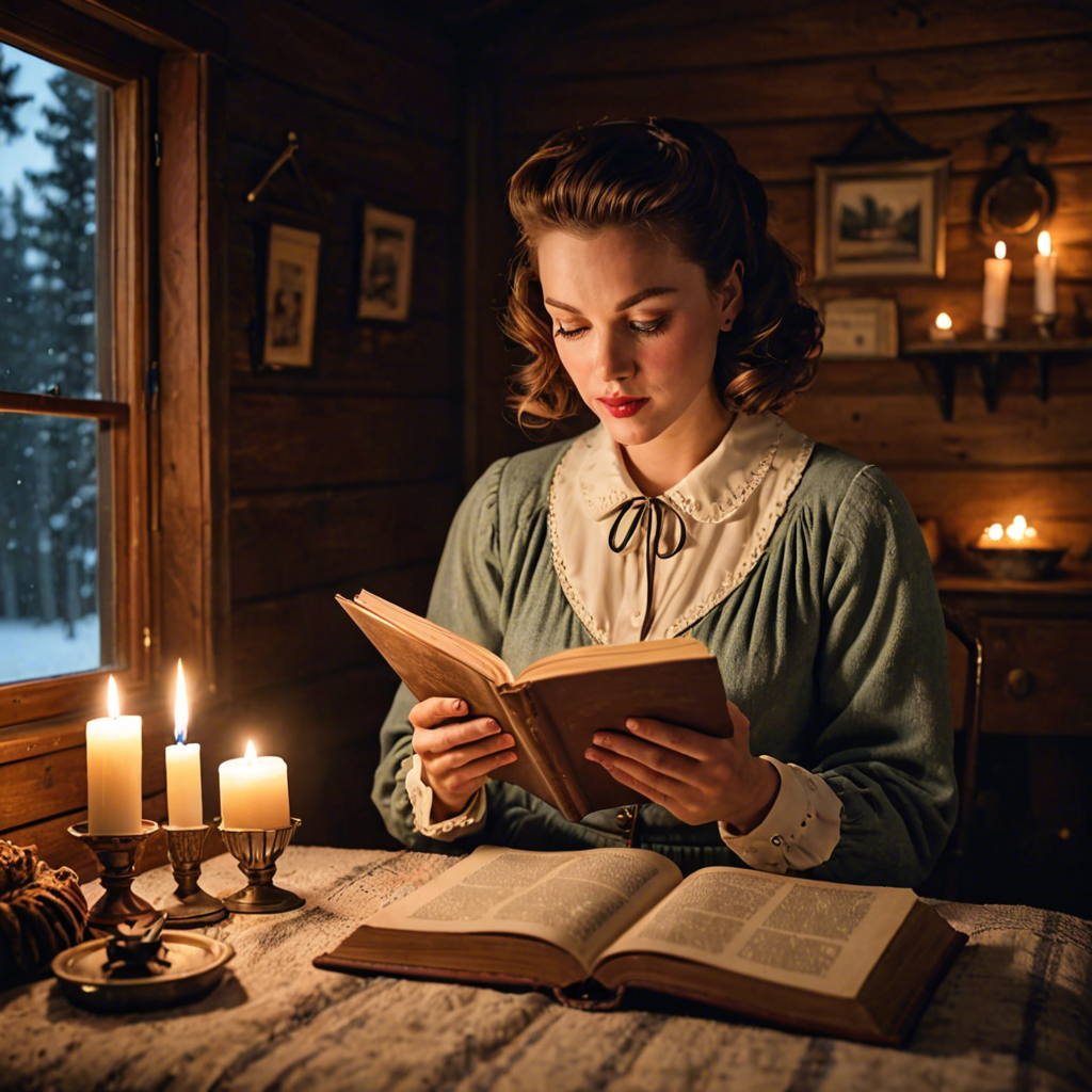 a young woman in a vintage 1950s outfit, reading a book in a cozy candlelit cabin, delicate soft light, detailed — image 20