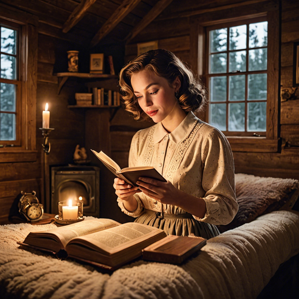 a young woman in a vintage 1950s outfit, reading a book in a cozy candlelit cabin, delicate soft light, detailed — image 21