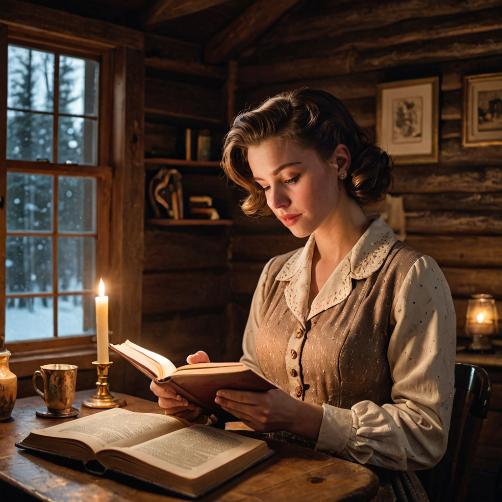 a young woman in a vintage 1950s outfit, reading a book in a cozy candlelit cabin, delicate soft light, detailed — image 22