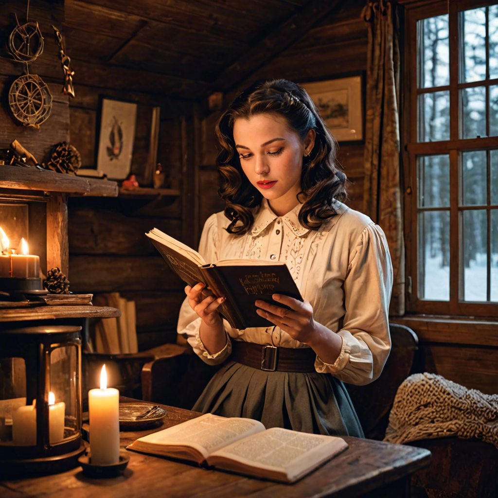 a young woman in a vintage 1950s outfit, reading a book in a cozy candlelit cabin, delicate soft light, detailed — image 23