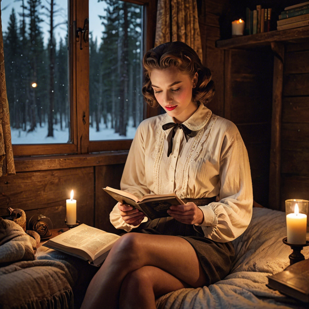 a young woman in a vintage 1950s outfit, reading a book in a cozy candlelit cabin, delicate soft light, detailed — image 24