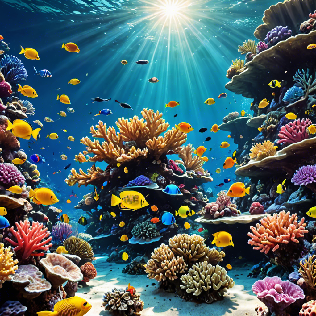 an underwater coral reef teeming with colorful fish, sunlight rays, vivid colors, detailed — image 8