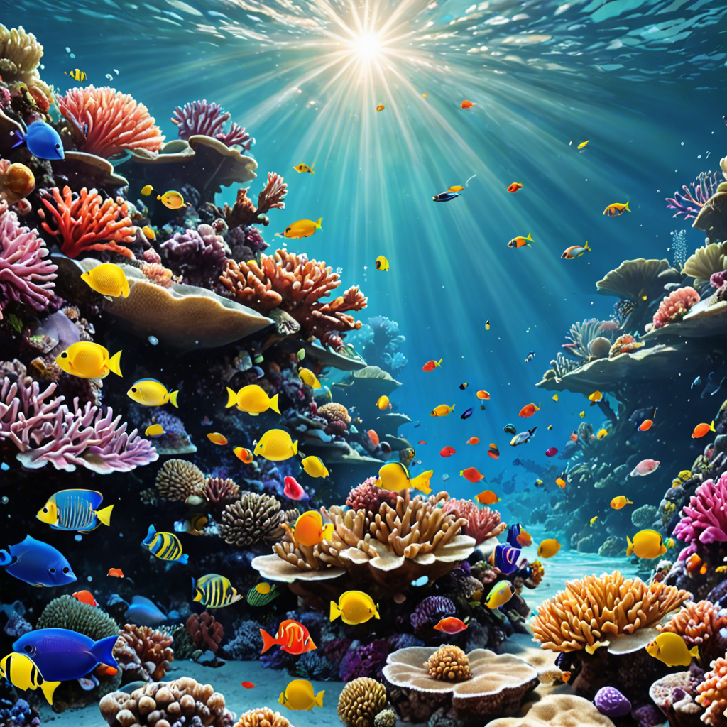 an underwater coral reef teeming with colorful fish, sunlight rays, vivid colors, detailed — image 14