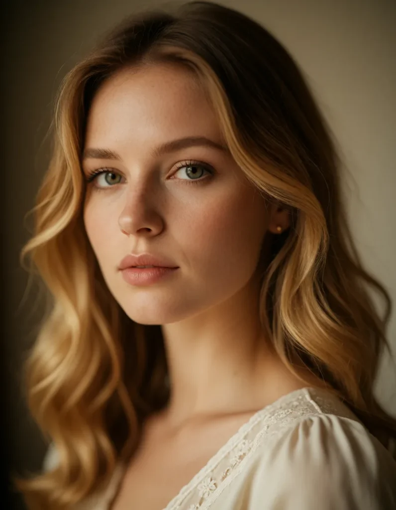 Portrait en gros plan d'une femme aux cheveux blonds ondulés, vêtue d'une robe blanche à motifs ajourés, éclairée par une