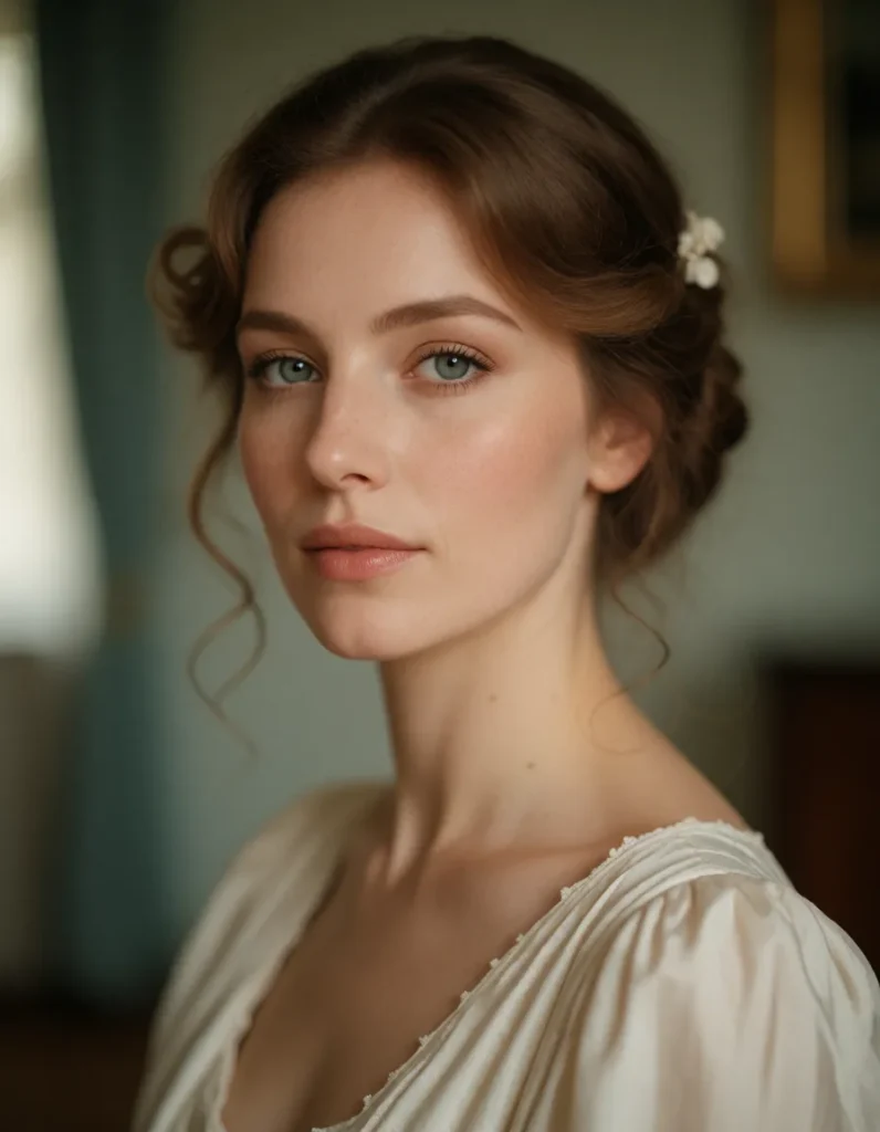 Jeune femme aux cheveux blonds ondulés, vêtue d'une robe en soie blanche à manches bouffantes, portant des boucles