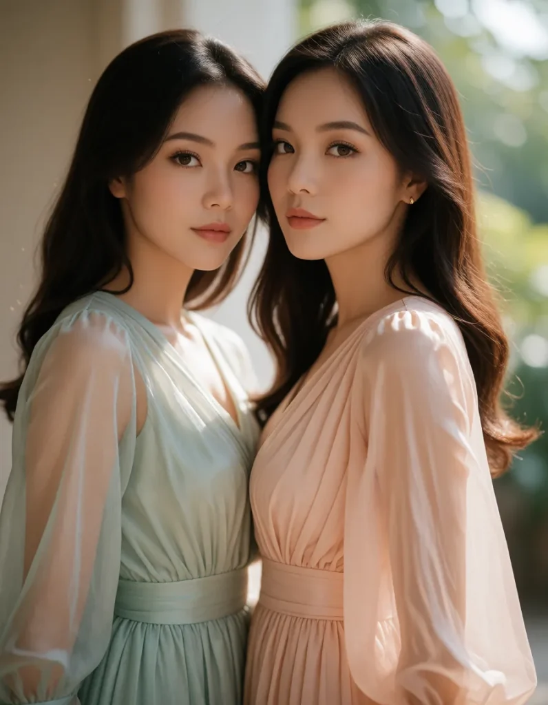 Deux femmes aux cheveux longs vêtues de robes fluides en soie aux tons pastel, posant dans un cadre lumineux et naturel
