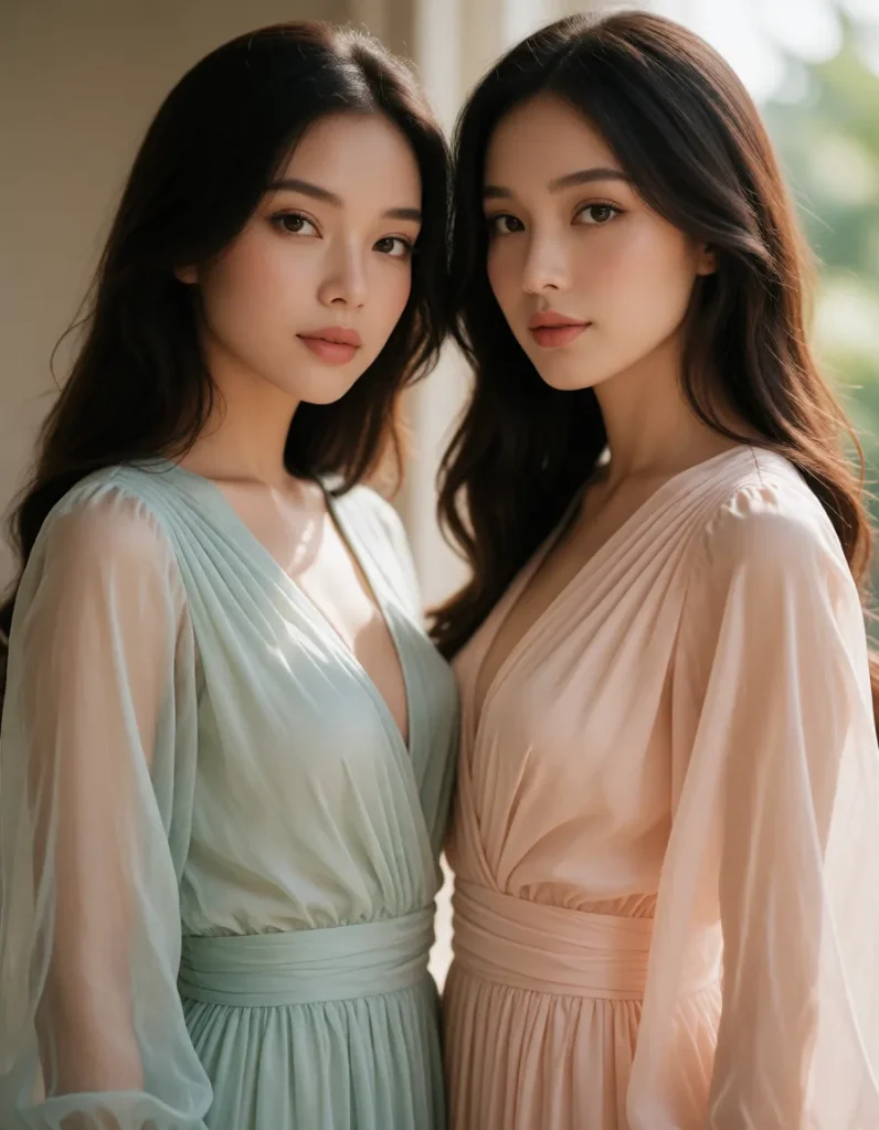 Deux femmes aux cheveux longs et lisses, vêtues de robes fluides en mousseline vert pâle et beige, posant côte à côte dans
