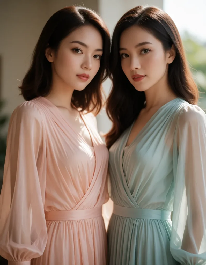Deux silhouettes féminines en robes fluides aux tons pastel, matières soyeuses et transparences délicates, posant dans un