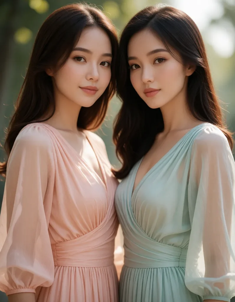 Deux femmes aux cheveux longs et lisses vêtues de robes fluides en soie, rose pâle et vert menthe, posant côte à côte dans