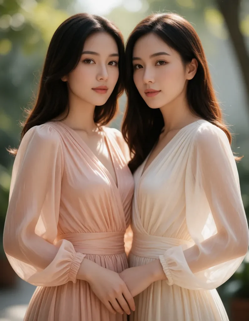 Deux femmes en robes fluides et élégantes en soie, aux tons pêche et blanc, posant dans un jardin baigné de lumière dorée.
