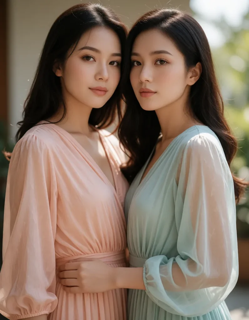 Deux femmes aux cheveux longs vêtues de robes fluides en soie aux tons pastel, posant côte à côte dans un intérieur lumineux