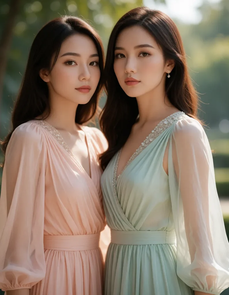 Deux femmes vêtues de robes fluides en soie aux tons pastel, posant dans un jardin baigné d'une lumière naturelle douce et