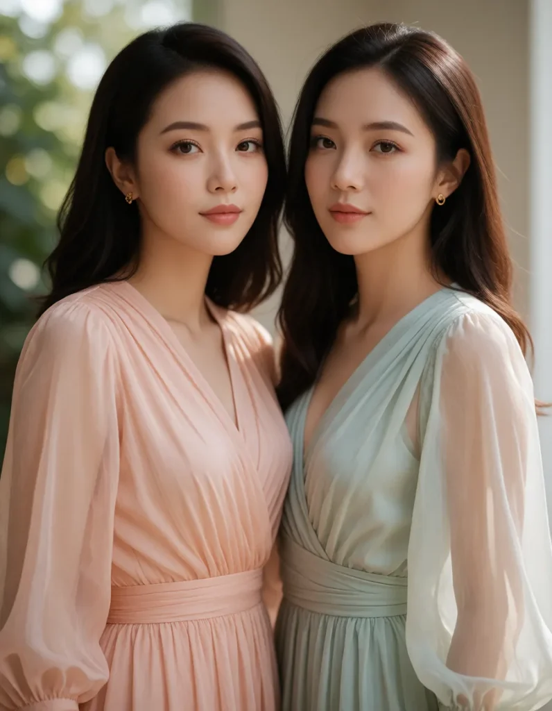 Deux femmes vêtues de robes fluides en soie aux tons pastel, posant dans un jardin baigné d'une lumière naturelle douce et