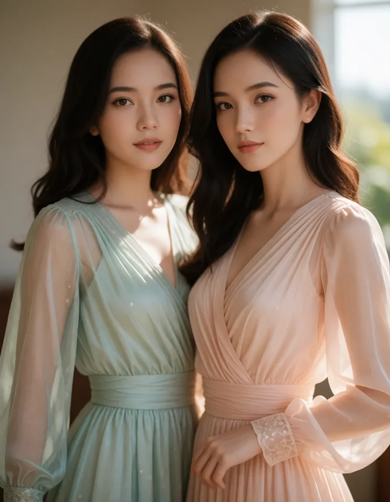 Deux femmes aux cheveux longs vêtues de robes fluides en soie, l'une en vert émeraude, l'autre en rose pâle, posant dans un