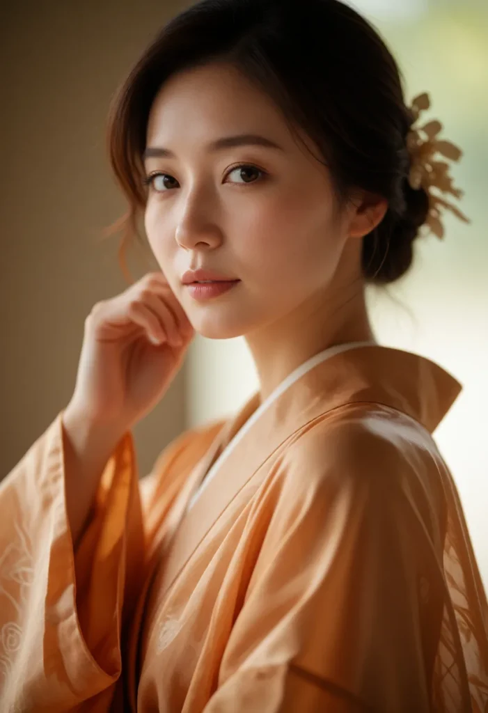 Portrait d'une femme aux longs cheveux bruns ondulés vêtue d'une robe en soie beige, mains posées sur les épaules, lumière