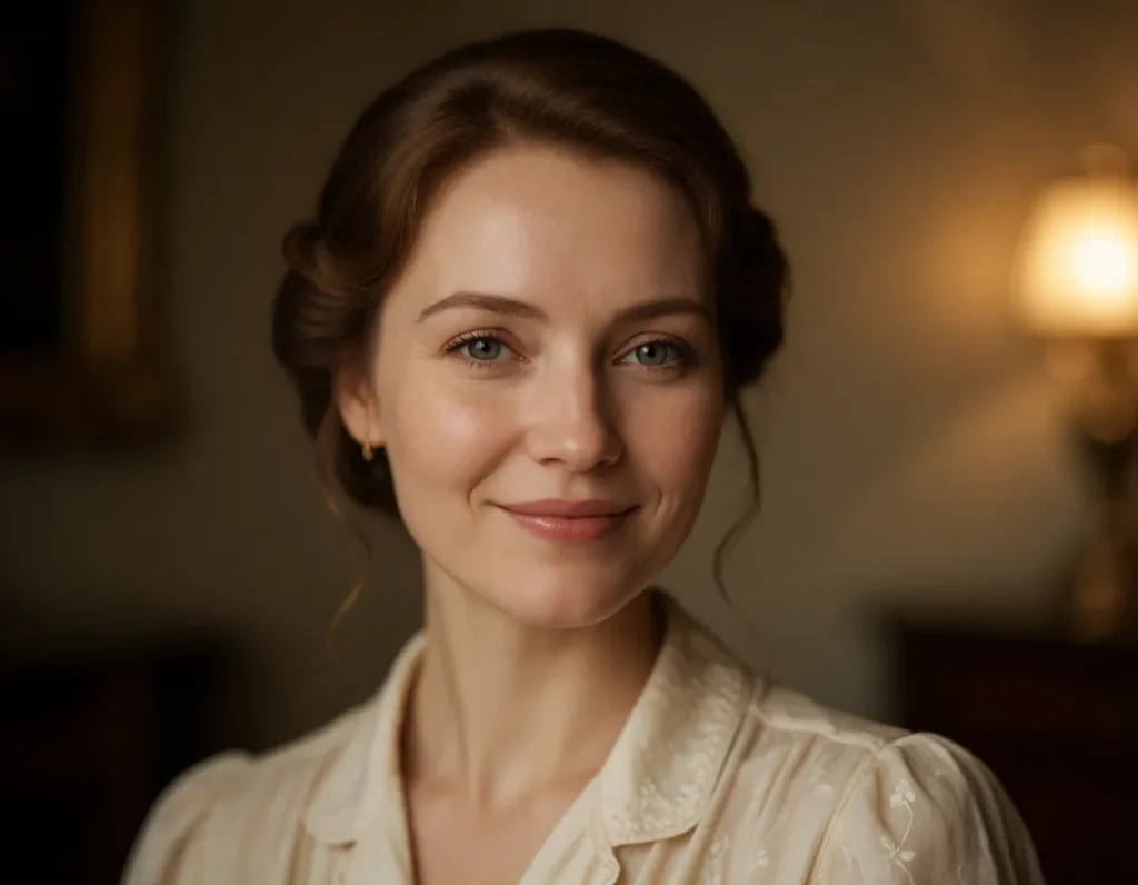Portrait en lumière chaude d'une femme aux cheveux courts blonds, vêtue d'une robe en soie crème à motifs brodés, dans un